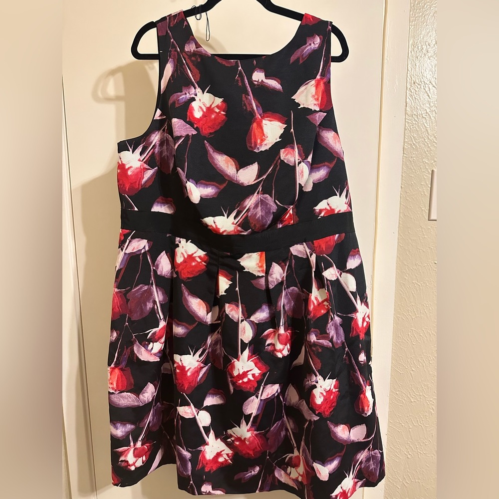 Adrianna Papell | Red/Purple/Black Rose Floral Print Boatneck Fit & Flare Dress
